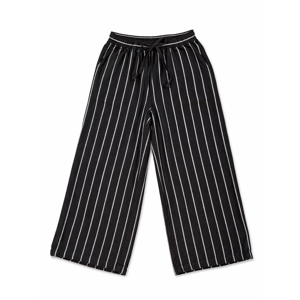 Black White Pinstripe Linen Rayon Wide Leg Cropped Pants XL Casual Coastal Boho - Picture 1 of 9